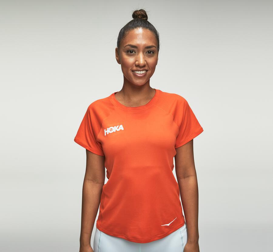 Hoka One One Womens Tops - Performance Short Sleeve - Orange - ANLP75806